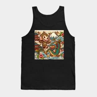 Cute Monkey and Dragon in Japan with Pagoda ,Wave, Flower and Fuji Mount Tank Top